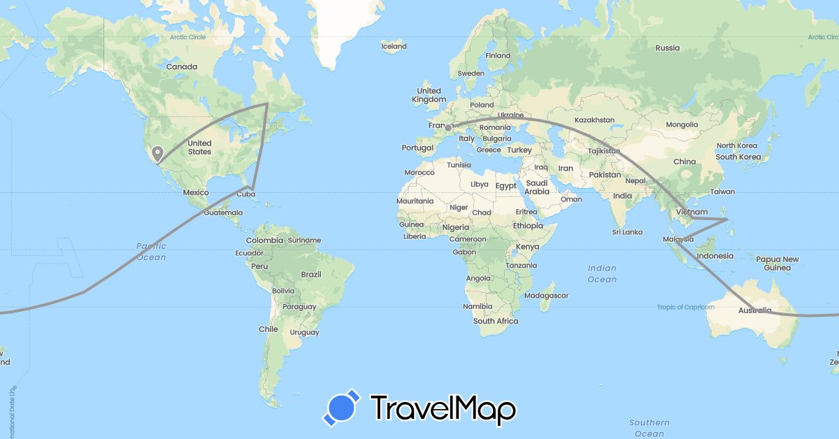 TravelMap itinerary: driving, plane in Australia, Bahamas, Canada, France, Indonesia, Malaysia, Philippines, United States, Vietnam (Asia, Europe, North America, Oceania)